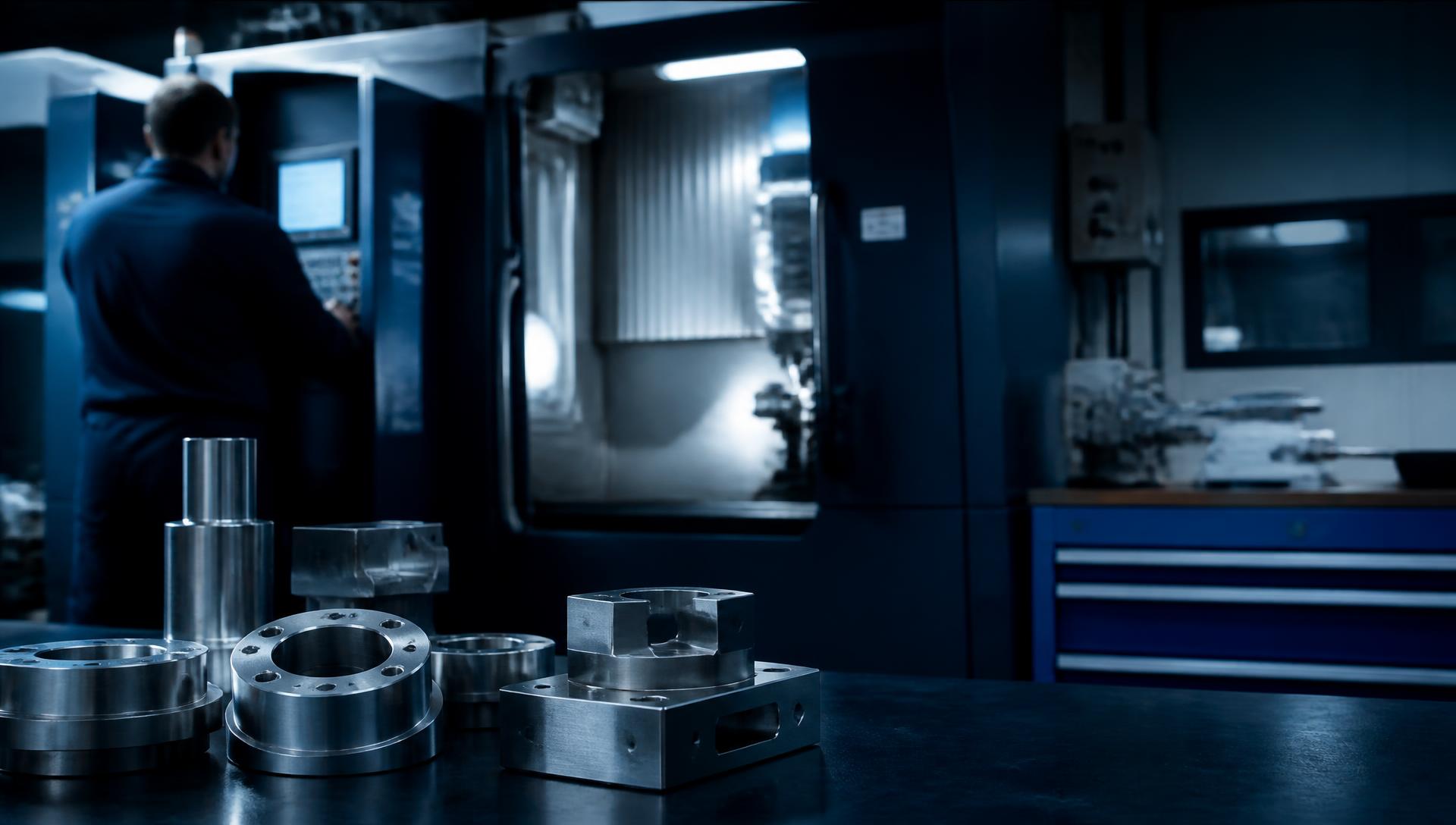 Industriële werkplaats met precisieonderdelen en een CNC-machine